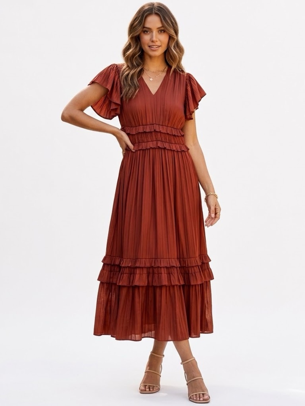 Anthropologie Current Air burgundy Rust Tiered Midi Dress with V-Neck size M